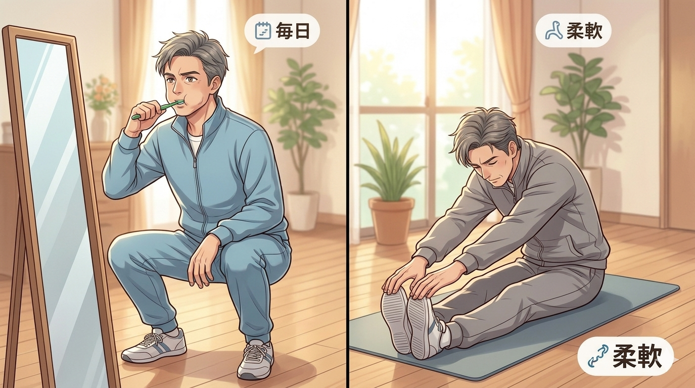 なみゆめの朝習慣　歯磨き中スクワット・朝の柔軟体操