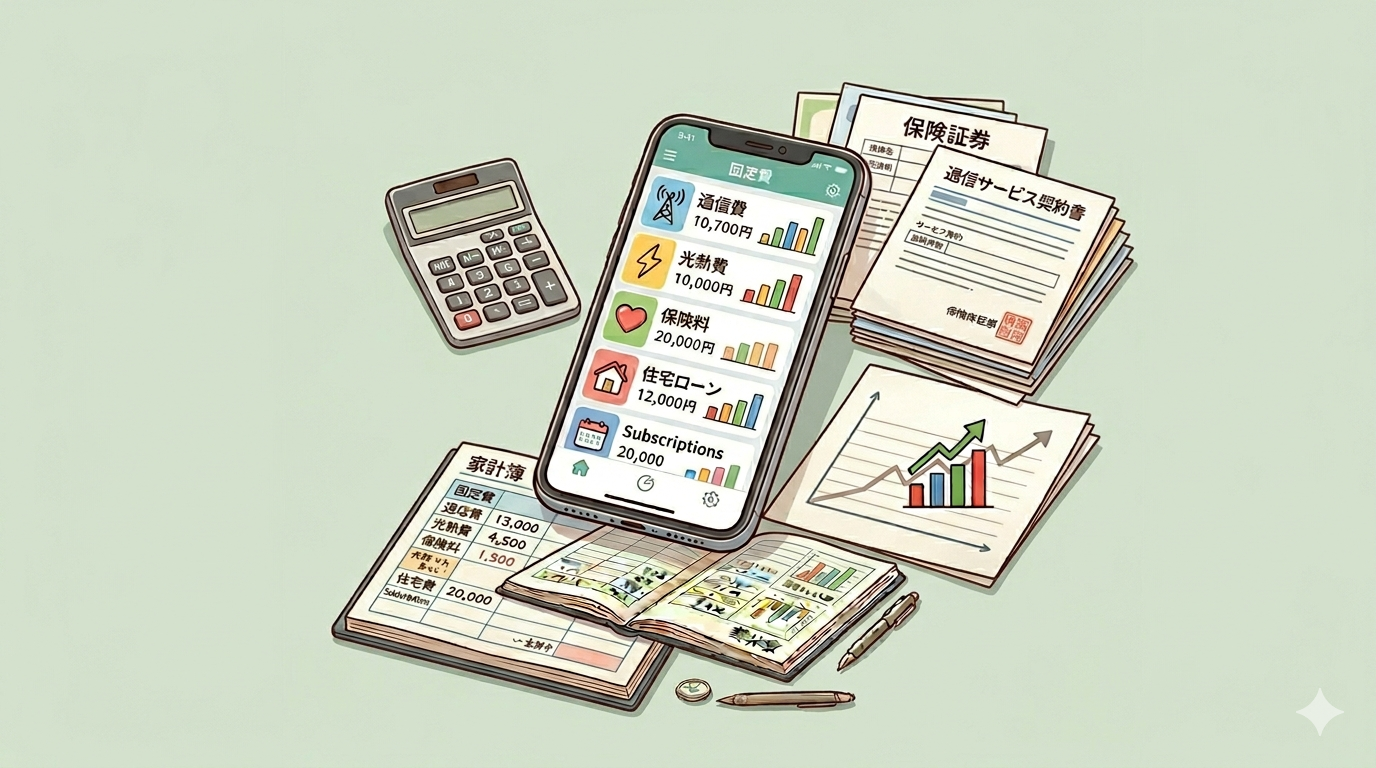 固定費見直しイメージ｜スマホ・保険証券・家計簿のイラスト