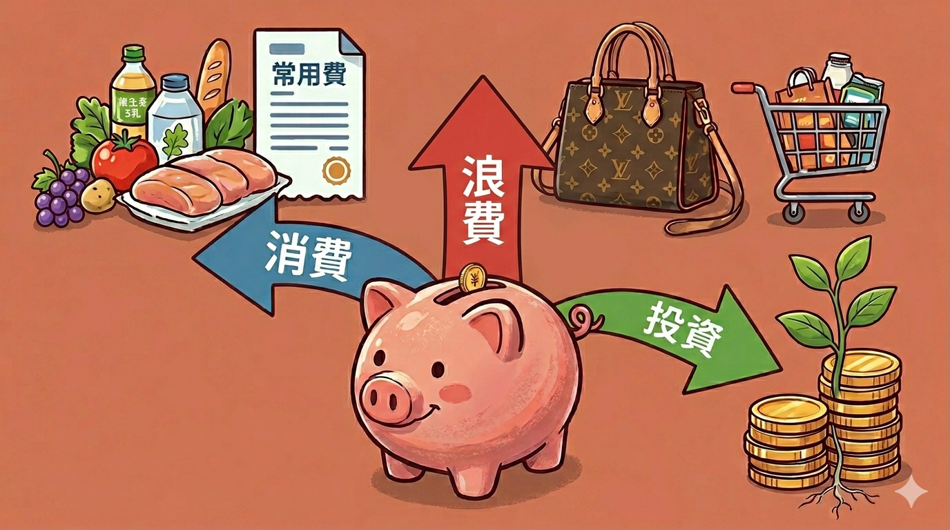 消費・浪費・投資の3分類イメージ｜貯金箱と矢印のイラスト