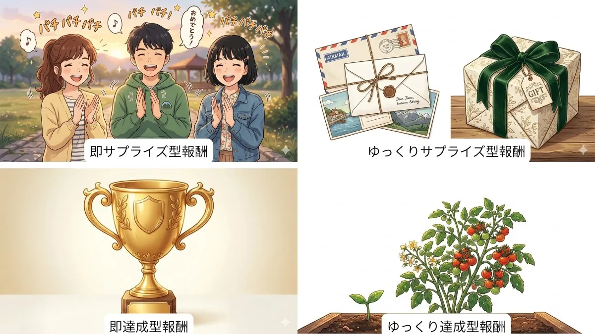 報酬の4類型（即達成型・即サプライズ型・ゆっくり達成型・ゆっくりサプライズ型）をやさしく描いたイラスト