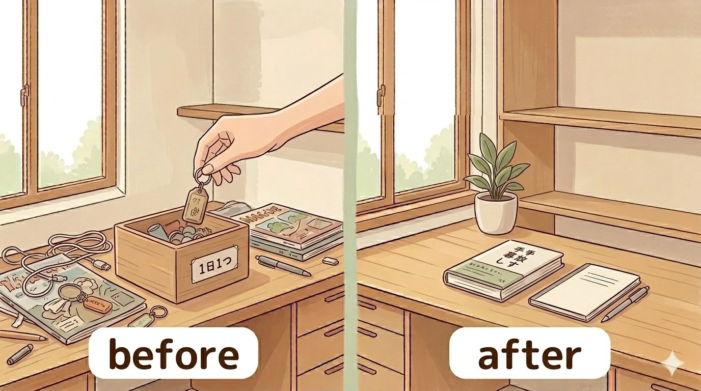 散らかった机から「1日1つ」だけ手放して、スッキリ片づいた机へ。断捨離のBefore/Afterイラスト