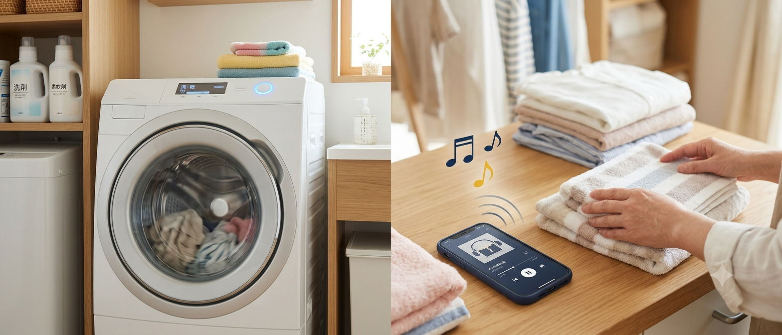 乾燥機付き洗濯機が稼働する横で、スマホからAudibleを再生しながら洗濯物をたたむ様子